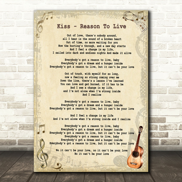 Kiss Reason To Live Vintage Guitar Song Lyric Print