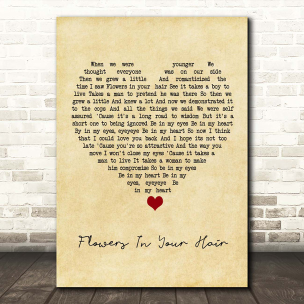 The Lumineers Flowers In Your Hair Vintage Heart Song Lyric Print