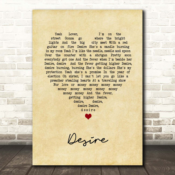 U2 Desire Vintage Heart Song Lyric Print