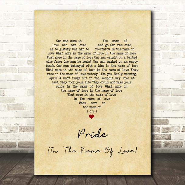 U2 Pride (In The Name Of Love) Vintage Heart Song Lyric Print