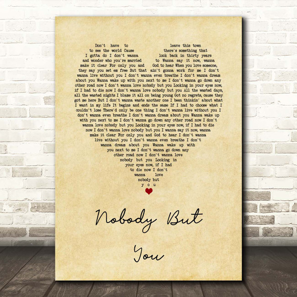 Blake Shelton Nobody But You Vintage Heart Song Lyric Print