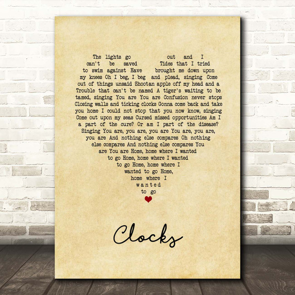 Coldplay Clocks Vintage Heart Song Lyric Print