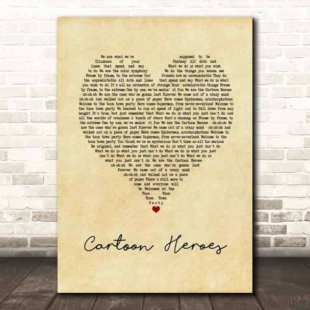 Aqua Cartoon Heroes Vintage Heart Song Lyric Print