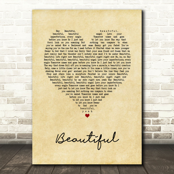 Bazzi Beautiful Vintage Heart Song Lyric Wall Art Print