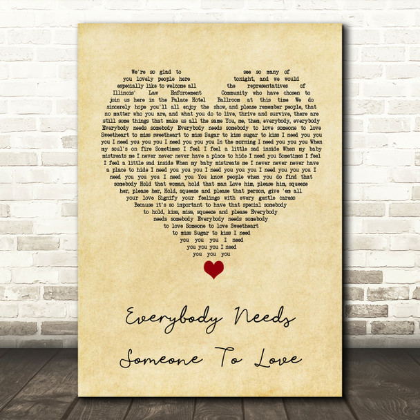 The Blues Brothers Everybody Needs Someone To Love Vintage Heart Song Lyric Wall Art Print