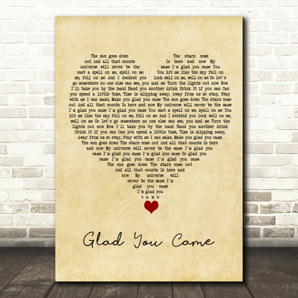 The Wanted Glad You Came Vintage Heart Song Lyric Wall Art Print