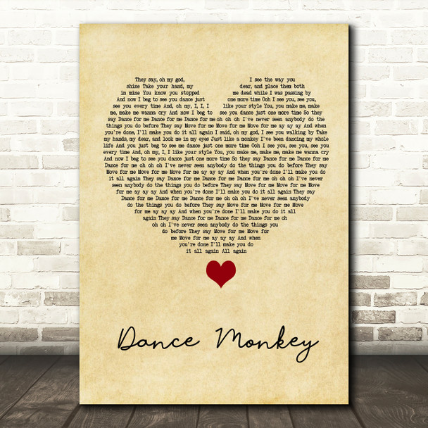 Tones And I Dance Monkey Vintage Heart Song Lyric Wall Art Print