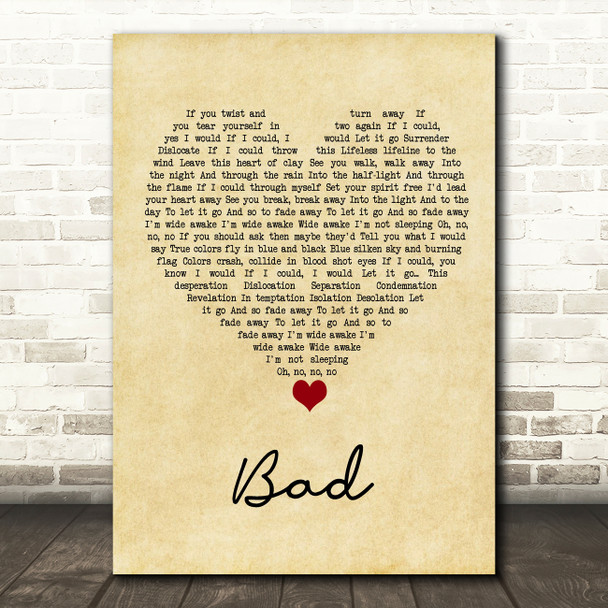 U2 Bad Vintage Heart Song Lyric Wall Art Print