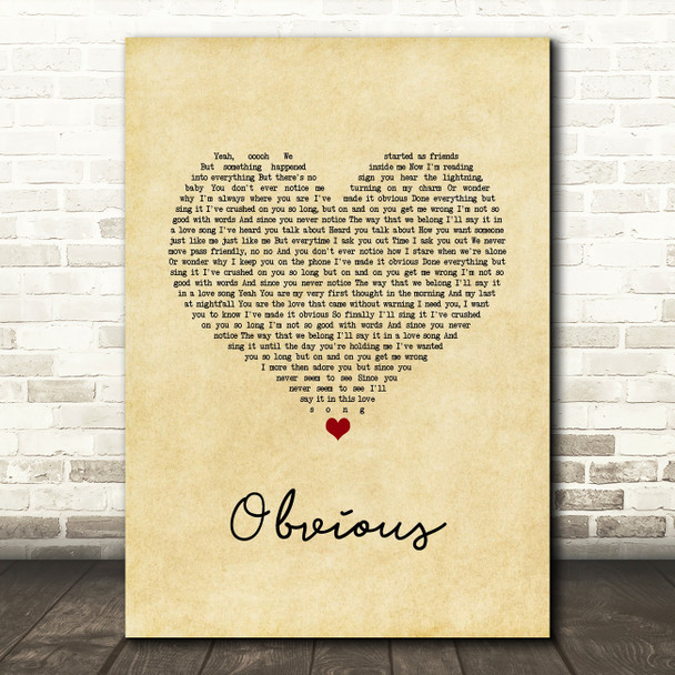 Westlife Obvious Vintage Heart Song Lyric Wall Art Print
