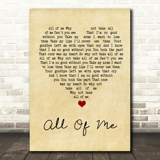 Willie Nelson All Of Me Vintage Heart Song Lyric Wall Art Print