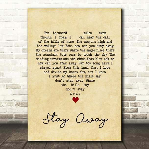 Elvis Presley Stay Away Vintage Heart Song Lyric Wall Art Print