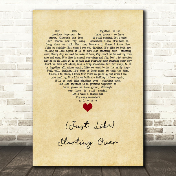 John Lennon (Just Like) Starting Over Vintage Heart Song Lyric Wall Art Print
