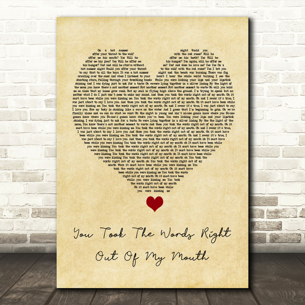 Meat Loaf You Took The Words Right Out Of My Mouth Vintage Heart Song Lyric Wall Art Print
