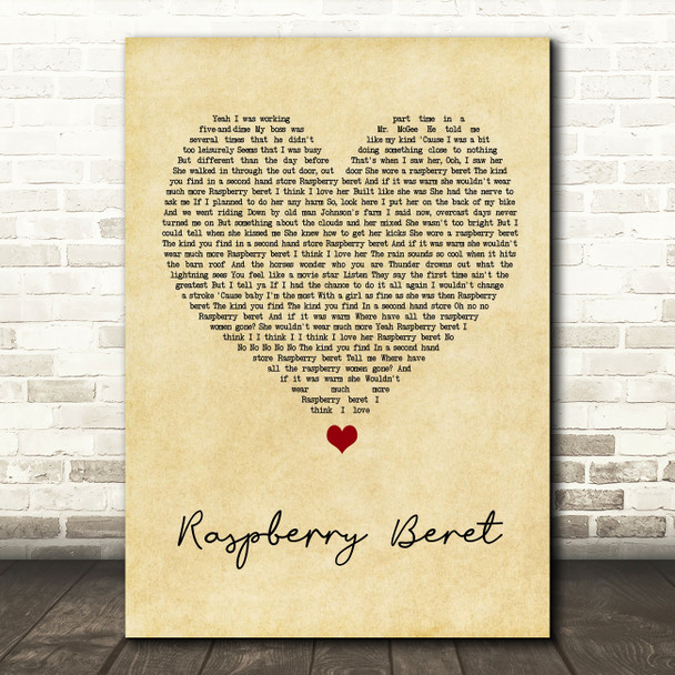 Prince Raspberry Beret Vintage Heart Song Lyric Wall Art Print