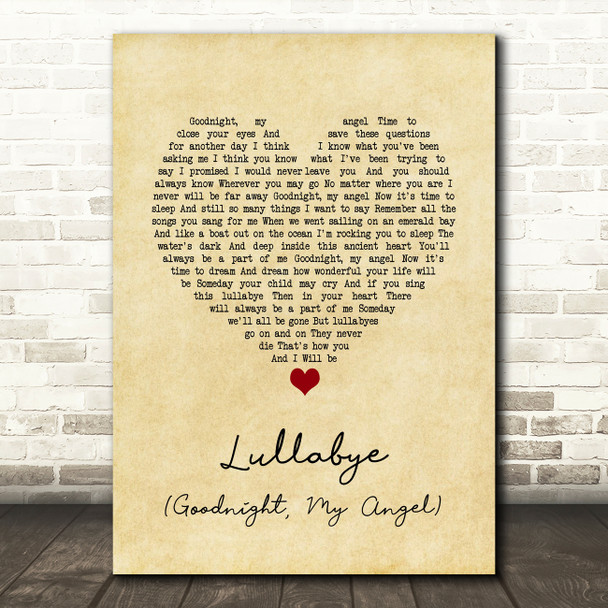 Billy Joel Lullabye (Goodnight, My Angel) Vintage Heart Song Lyric Quote Music Print