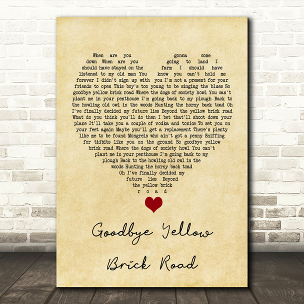 Elton John Goodbye Yellow Brick Road Vintage Heart Song Lyric Quote Music Print