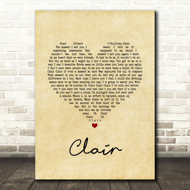 Gilbert O`Sullivan CLAIR Vintage Heart Song Lyric Quote Music Print