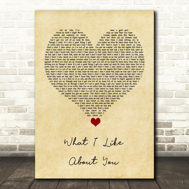 Jonas Blue What I Like About You Vintage Heart Song Lyric Quote Music Print