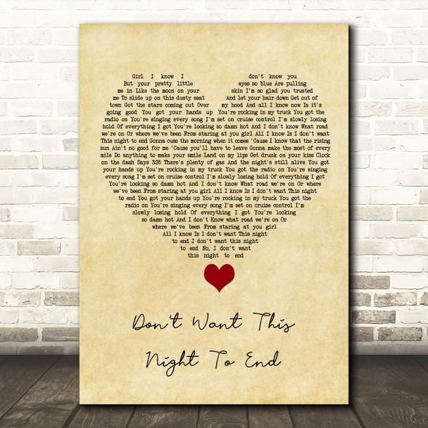 Luke Bryan Don't Want This Night To End Vintage Heart Song Lyric Quote Music Print