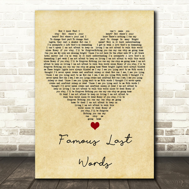 My Chemical Romance Famous Last Words Vintage Heart Song Lyric Quote Music Print
