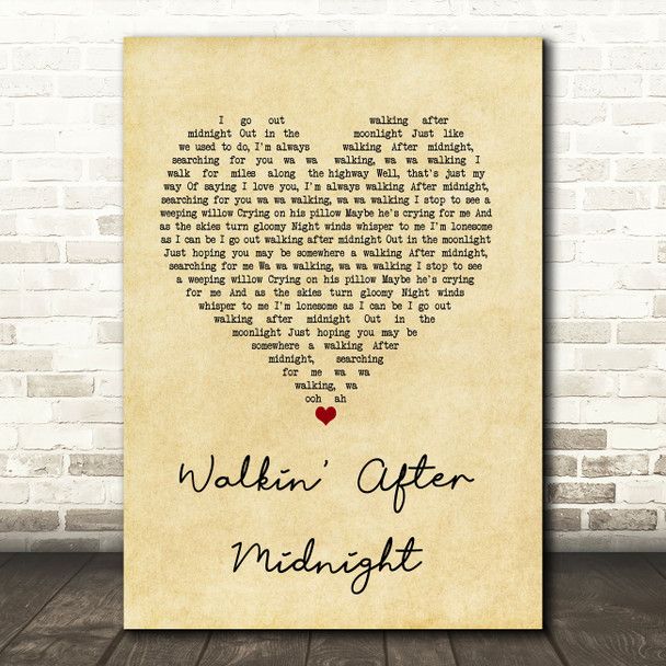 Patsy Cline Walkin' After Midnight Vintage Heart Song Lyric Quote Music Print