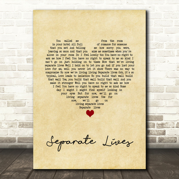 Phil Collins Separate Lives Vintage Heart Song Lyric Quote Music Print