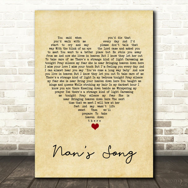 Robbie Williams Nan's Song Vintage Heart Song Lyric Quote Music Print
