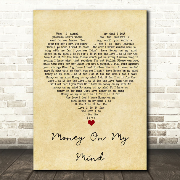 Sam Smith Money On My Mind Vintage Heart Song Lyric Quote Music Print