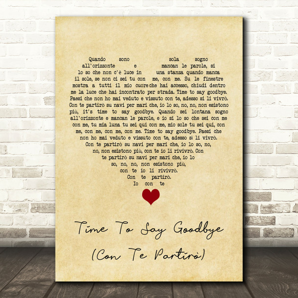Sarah Brightman Time To Say Goodbye (Con Te Partirò) Vintage Heart Song Lyric Quote Music Print