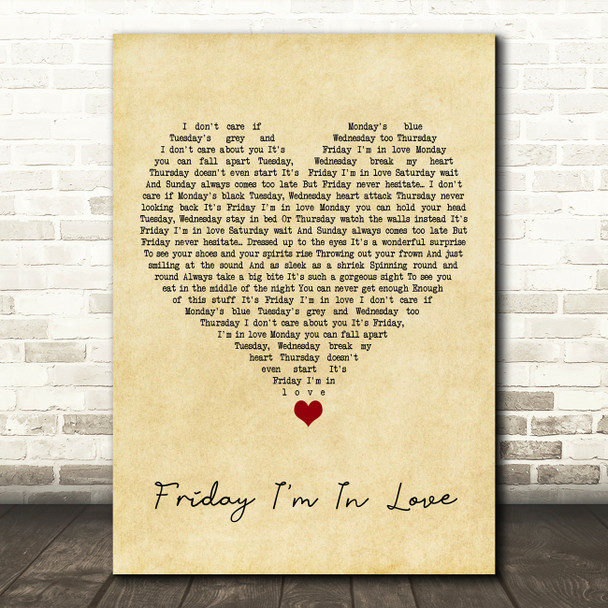The Cure Friday I'm In Love Vintage Heart Song Lyric Quote Music Print
