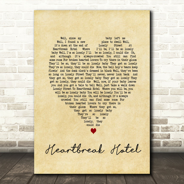 Elvis Presley Heartbreak Hotel Vintage Heart Song Lyric Quote Print