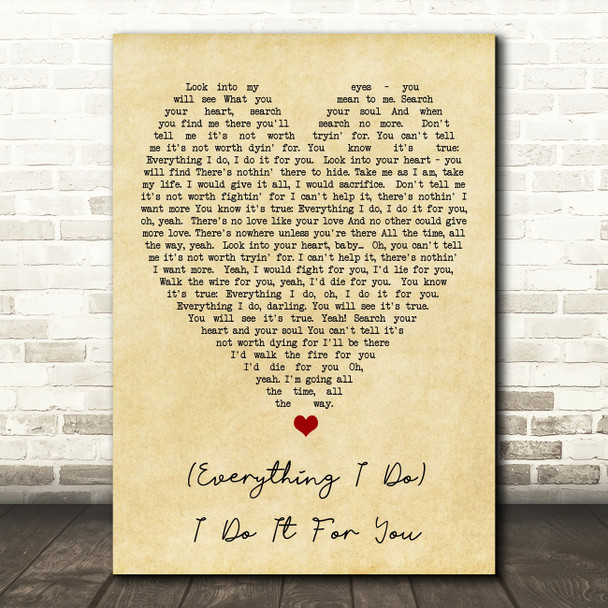 Everything I Do I Do It For You Bryan Adams Vintage Heart Quote Song Lyric Print