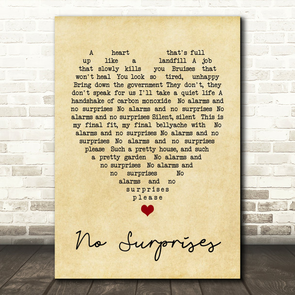 No Surprises Radiohead Vintage Heart Quote Song Lyric Print