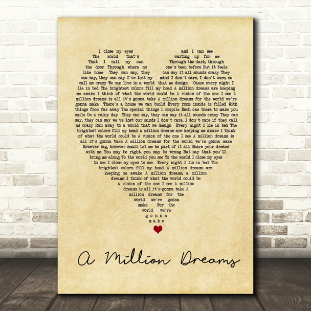 A Million Dreams The Greatest Showman Vintage Heart Song Lyric Quote Print