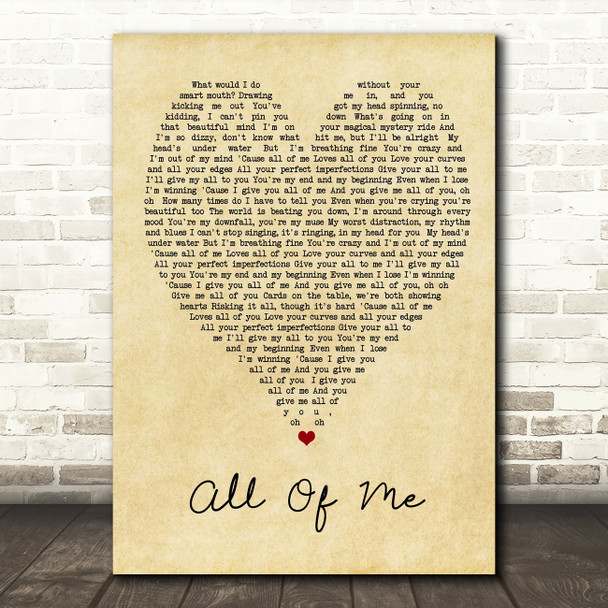 All Of Me John Legend Vintage Heart Song Lyric Quote Print