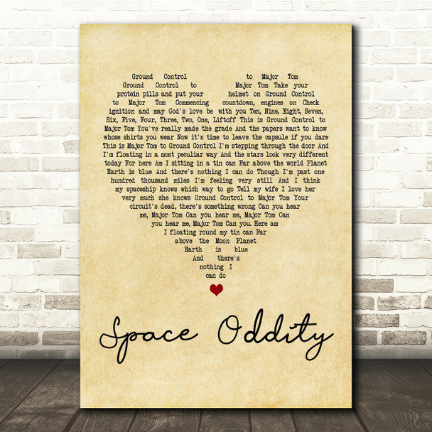 David Bowie Space Oddity Vintage Heart Song Lyric Quote Print