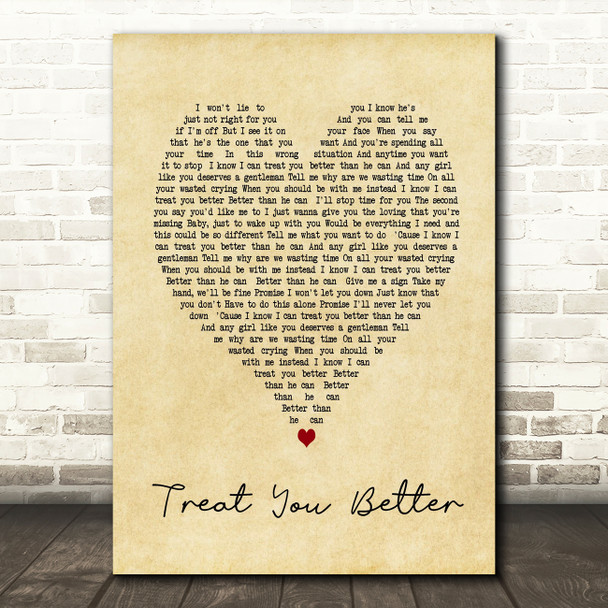 Treat You Better Shawn Mendes Vintage Heart Song Lyric Quote Print