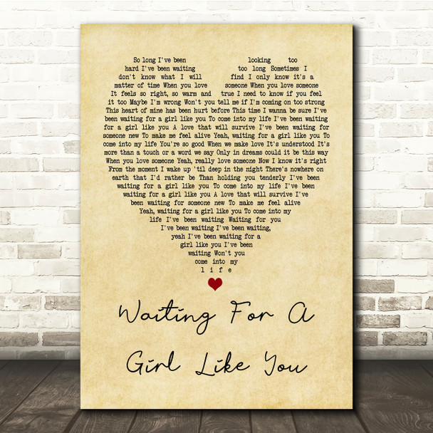 Foreigner Waiting For A Girl Like You Vintage Heart Song Lyric Quote Print