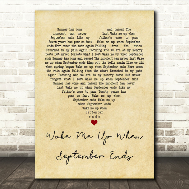 Green Day Wake Me Up When September Ends Vintage Heart Song Lyric Quote Print