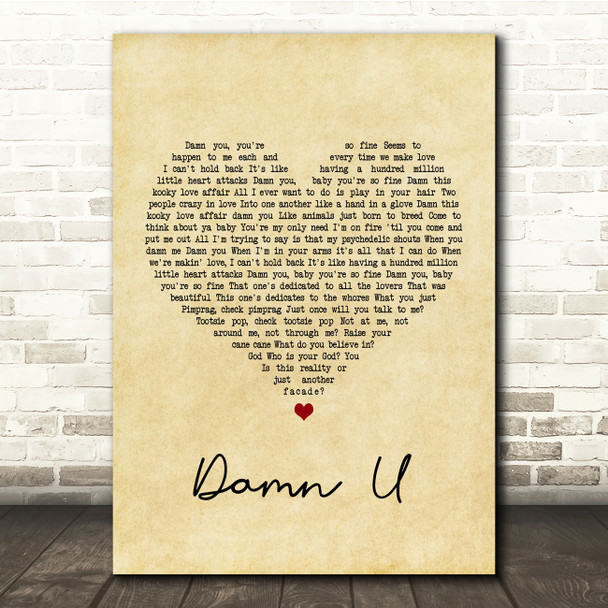 Prince Damn U Vintage Heart Song Lyric Quote Print