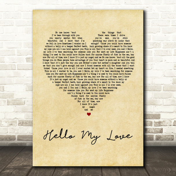 Westlife Hello My Love Vintage Heart Song Lyric Quote Print