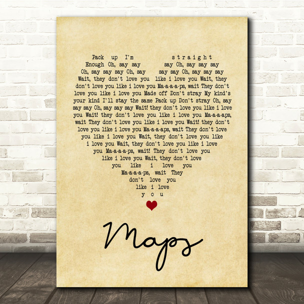 Yeah Yeah Yeahs Maps Vintage Heart Song Lyric Quote Print