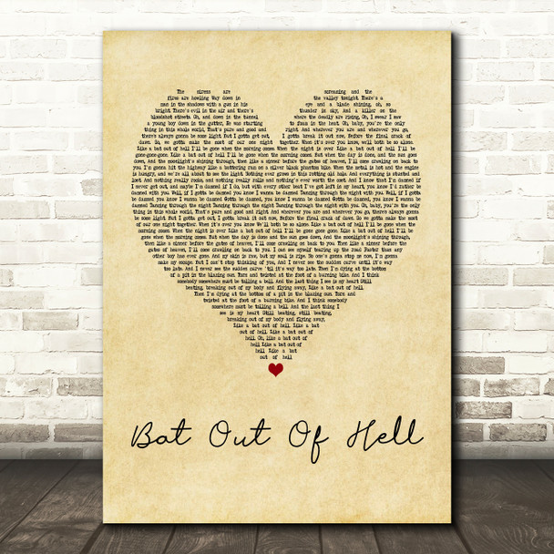 Meat Loaf Bat Out Of Hell Vintage Heart Quote Song Lyric Print