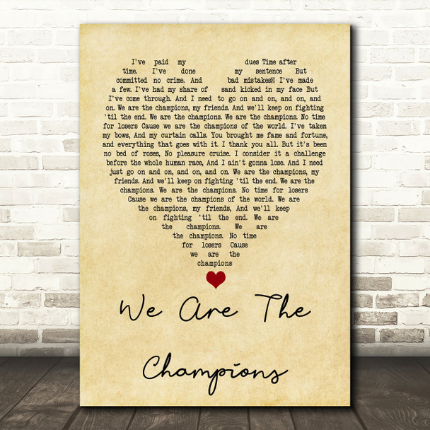 Queen We Are The Champions Vintage Heart Quote Song Lyric Print