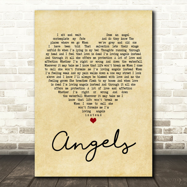 Robbie Williams Angels Vintage Heart Quote Song Lyric Print