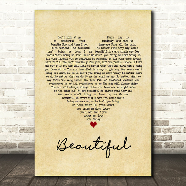 Christina Aguilera Beautiful Vintage Heart Song Lyric Print