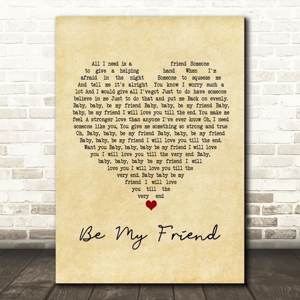 Free Be My Friend Vintage Heart Song Lyric Print