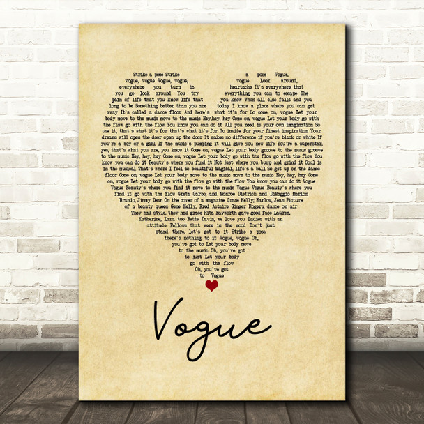 Madonna Vogue Vintage Heart Song Lyric Print