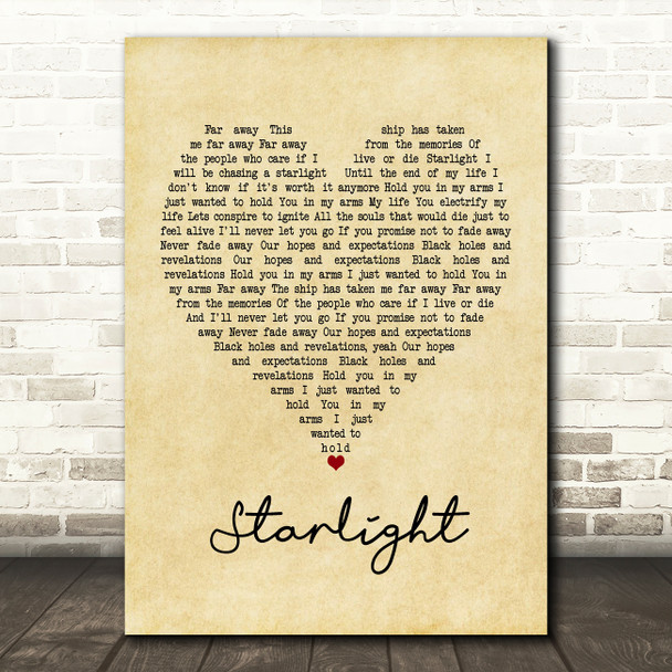 Muse Starlight Vintage Heart Song Lyric Print