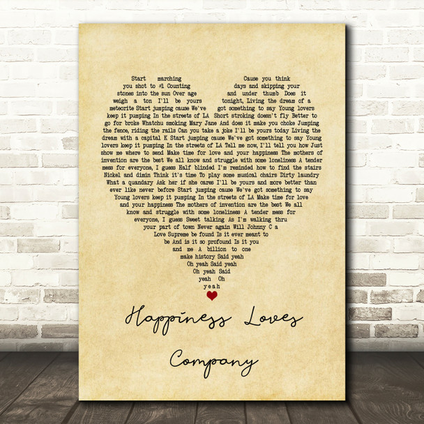 Red Hot Chili Peppers Happiness Loves Company Vintage Heart Song Lyric Print